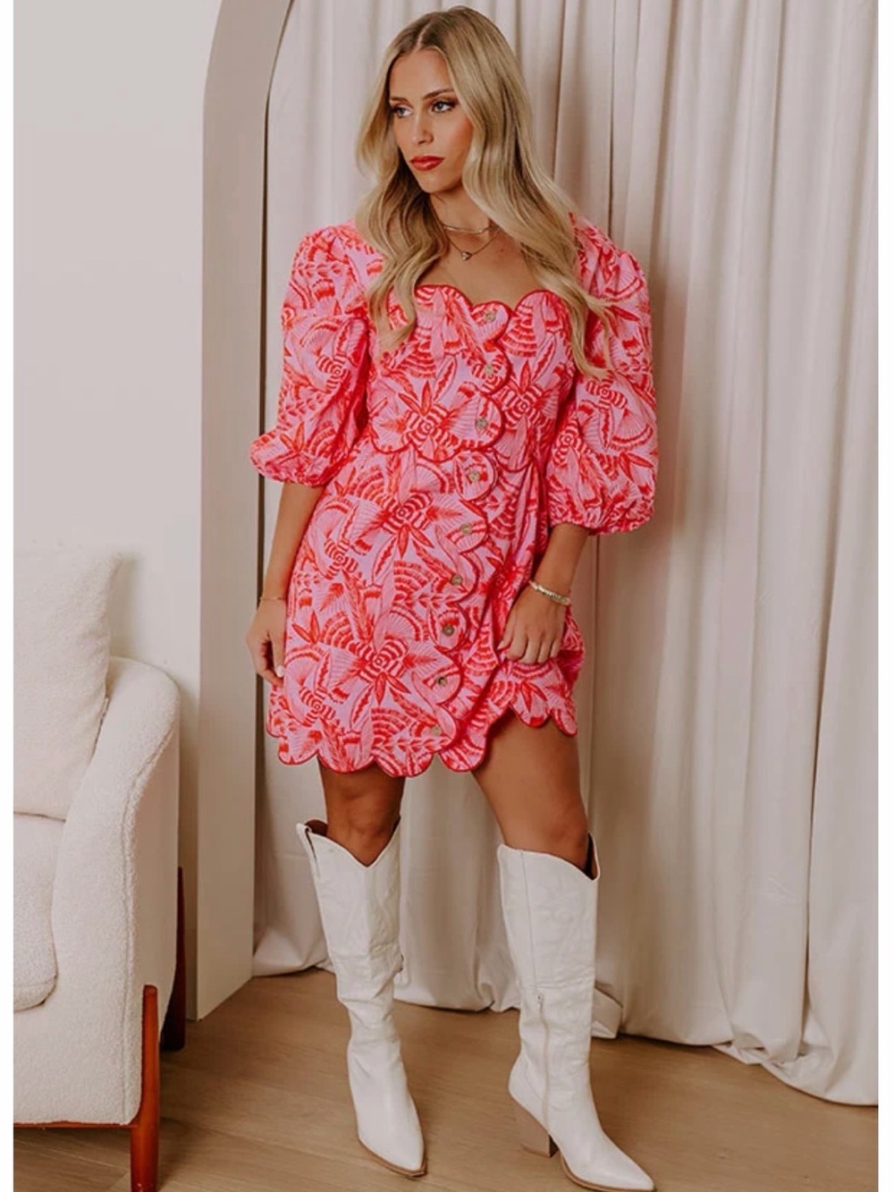 Fate Pink Floral Puff-Sleeve Mini Dress